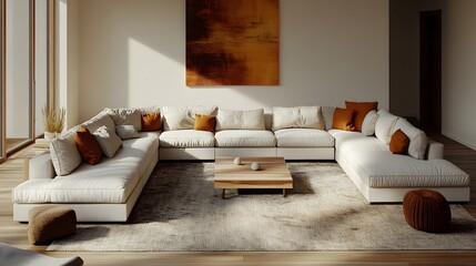 Inviting and relaxing modern living area with a plush U shaped sectional sofa and a minimalist contemporary design  The warm neutral textiles and natural wood elements add a cozy