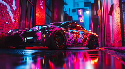 A modified car with a custom paint job drifting through an alley neon lights reflecting off its surface.