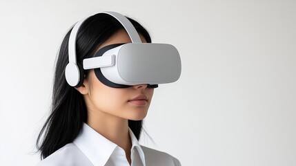 Immersive Technology Experience Close-up of Woman in White VR Headset against Minimalist Background Futuristic VR Concept