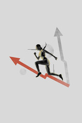 Obraz premium Vertical photo collage of serious girl run arrow pointer jogging motivation determination progress isolated on painted background