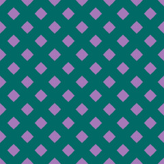 Fototapeta premium Simple vector abstract seamless pattern with diamond shapes, small rhombuses, grid, mesh, net. Funky retro style background texture in green and lilac color. Stylish minimal texture. Repeated design