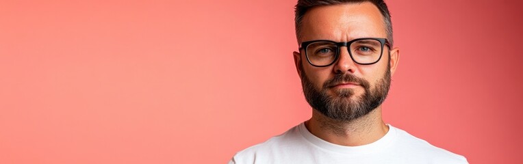 Fototapeta premium A young man with a beard and glasses shows a jaded expression on a pink backdrop