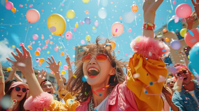 A joyful crowd celebrates with confetti and balloons, capturing the excitement of a festival or celebration.
