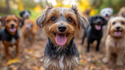 whimsical group selfie of diverse dog breeds playful pups pose with tongues out and silly expressions blurred park background with soft bokeh effect joyful and heartwarming scene
