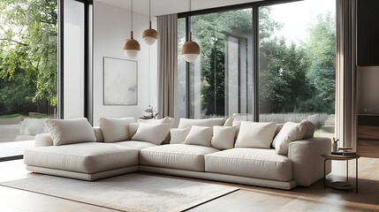 Fototapeta premium Cozy and inviting modern living room with a large comfortable sectional sofa minimalist stylish decor and natural light flooding the space through large windows