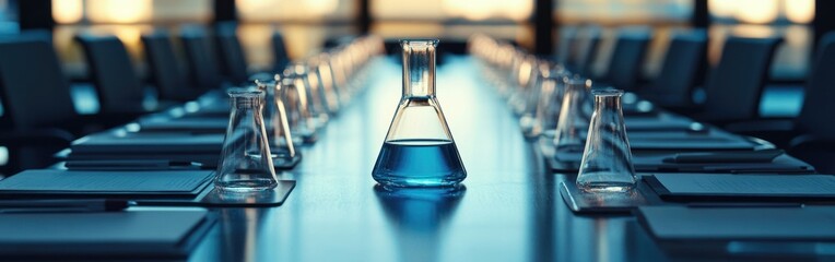 A meeting table set with scientific tools emphasizes advisory roles in business strategy