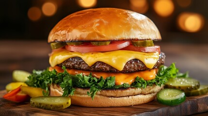 Close-up of a burger with layers of cheese melting over a perfectly grilled patty, surrounded by colorful garnishes on a wooden table. 