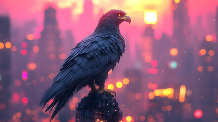 Eagle Perched on a Cityscape Illustration