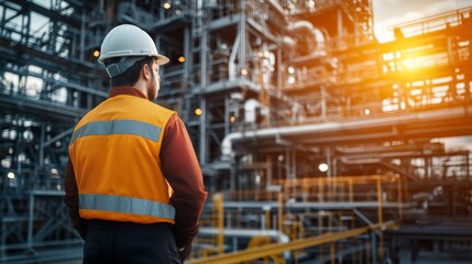 Fototapeta premium Industrial Worker in Hard Hat Examining Equipment at Sunset