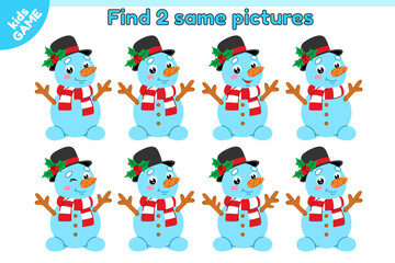 Fototapeta premium Educational kids game. Find 2 same picture with snowman in black hat. Puzzle for education children. New Year activity book. Cartoon Christmas winter character with hat top hat. Vector illustration.