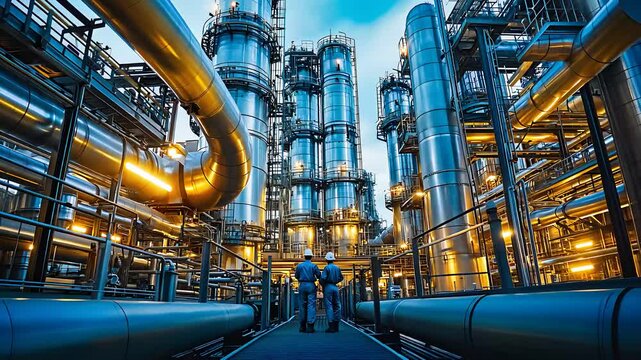 Industrial refinery plant with workers in safety gear, showcasing modern engineering, oil and gas pipelines, and energy production.

