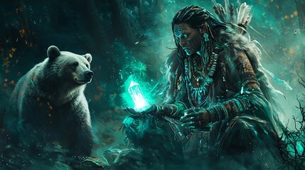 Shamanic Wisdom: Tribal Shaman with Glowing Crystal Staff and Spirit Guides, Protected by Bear Companion