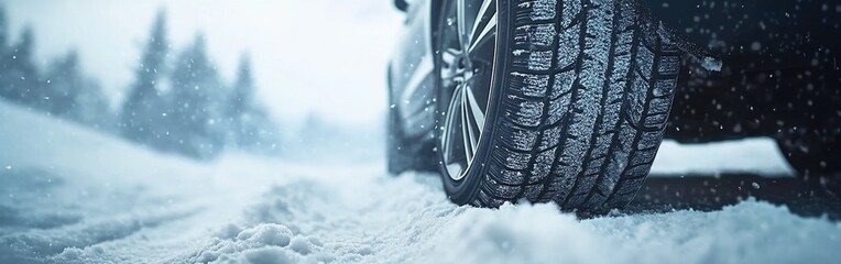 Winter tires navigate through deep snow on a cold road in a serene landscape