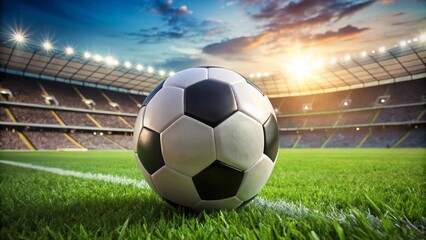 Obraz premium Soccer ball sitting on the grass in a large stadium at sunset