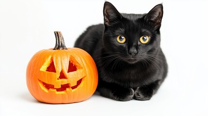 Black cat with Halloween pumpkin on a white background