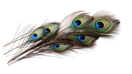 Obraz premium Peacock Feather on White Background, Abstract Image, Texture, Pattern Background, Wallpaper, Cover and Screen of Smartphone, PC, Laptop, 9:16 and 16:9 Format