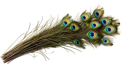 Naklejka premium Peacock Feather on White Background, Abstract Image, Texture, Pattern Background, Wallpaper, Cover and Screen of Smartphone, PC, Laptop, 9:16 and 16:9 Format