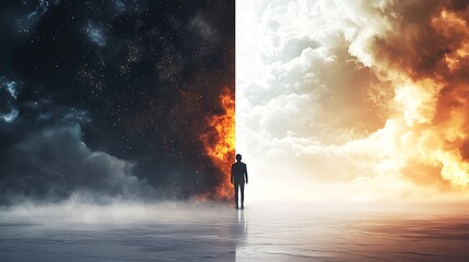 Fototapeta premium Battle of Contrasts: Inner Conflict Represented by Light and Dark Elements in White Space