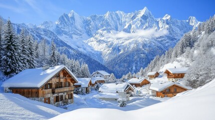 Fototapeta premium A small village nestled in the snowy Alps. 