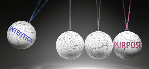 Intention and Purpose - cause and effect relationship. A Newton cradle metaphor showing how intention results in purpose. It initiates purpose. ,3d illustration