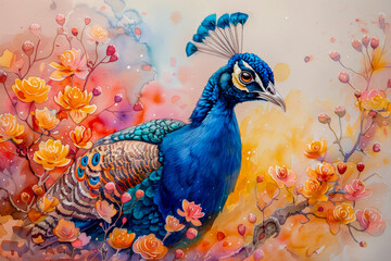 Fototapeta premium Peacock watercolor painting