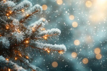 Christmas tree branches with white fluffy snow and bokeh lights on a blurred background.