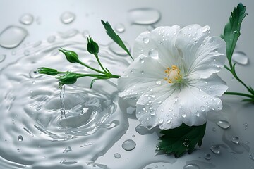Serene Elegance: White Flower Among Gentle Ripples and Droplets Capturing Nature's Delicate Balance.