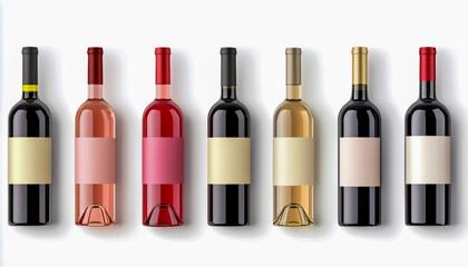 A set of wine bottles with different-colored labels, arranged in a row on a white background.