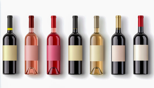 A set of wine bottles with different-colored labels, arranged in a row on a white background.