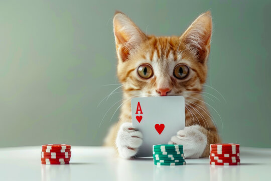 Cute cat with poker cards and chips