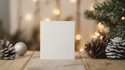 Close up of a white mock up paper on the wooden minimalist table, a simple wall background,