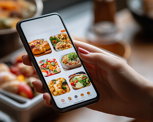 A food delivery app on a smartphone screen, showing a variety of menu options with an order being...