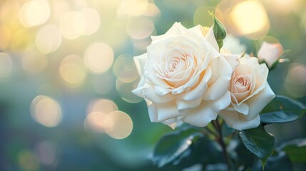 Beautiful white rose with smooth petals and bokeh lights behind.