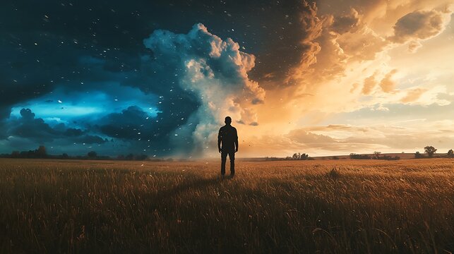 Inner Turmoil - Lonely Traveler Amidst Stormy Wasteland and Serene Countryside with Clear Sky, Concept of Struggle and Tranquility.