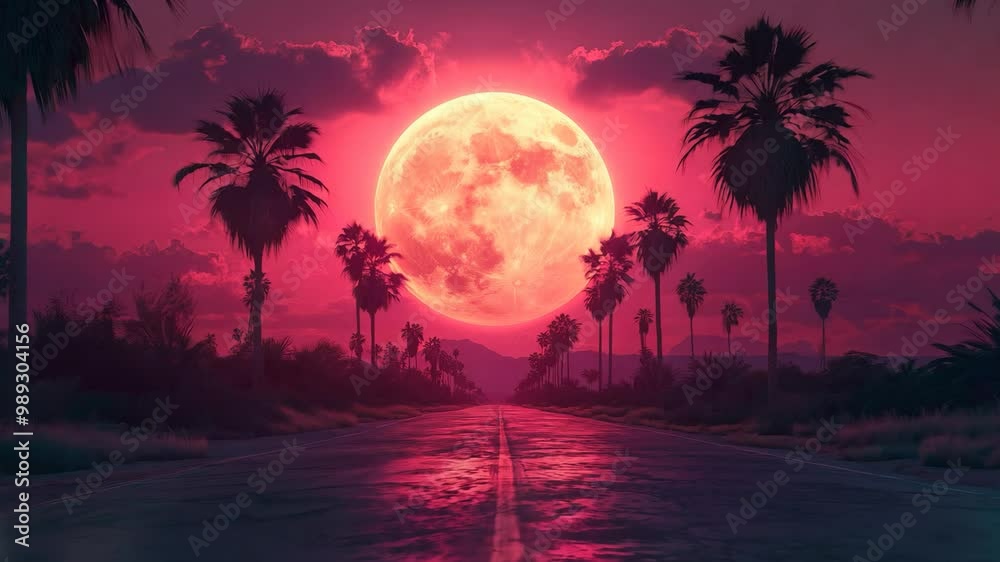 Canvas Prints a large red moon is in the sky above a road with palm trees in the background. the scene is serene a