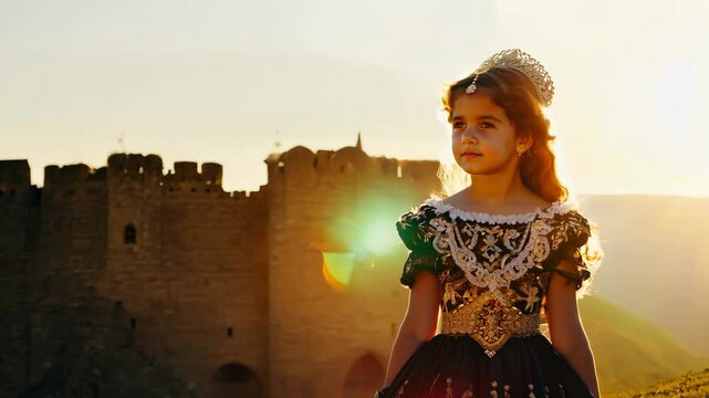 A young girl in a black dress stands in front of a castle. The castle is old and has a stone wall. The girl is wearing a hat and he is looking at the camera. Scene is one of curiosity