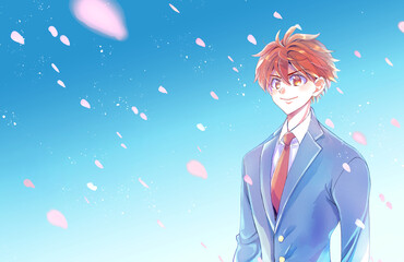 男子学生　やる気　桜吹雪