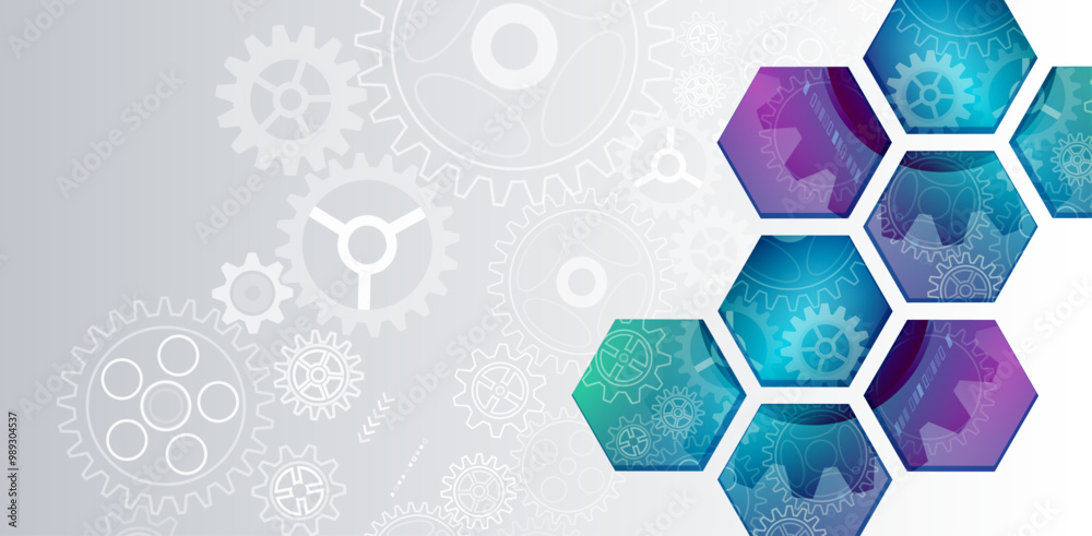 Poster Cogwheel for science experiment presentation. Futuristic high tech concept. Business and industry internet banner. The mechanism consisting of gears on a gray background for the presentation.