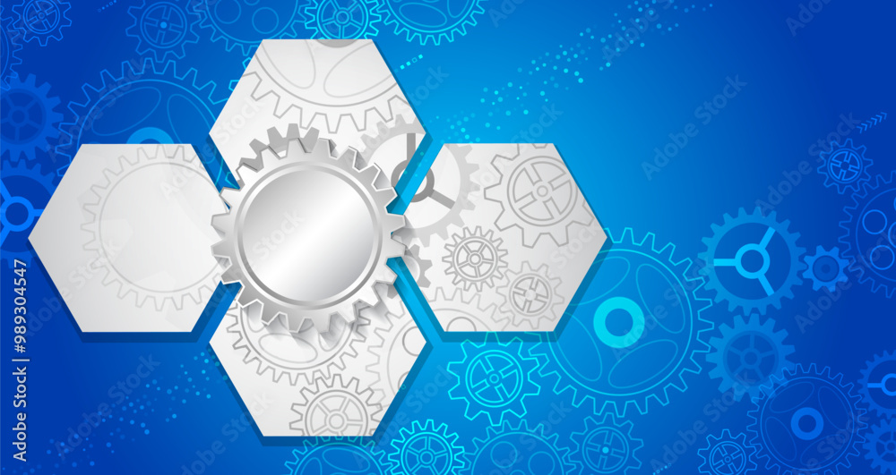 Poster The mechanism consisting of gears on a blue background for the presentation. Cogwheel for science experiment presentation, Futuristic high tech concept. Business and industry internet banner.