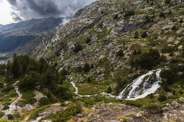 Landscape with Waterfall in the Mountains in Summer at Andorra Vall d'Incles, Soldeu