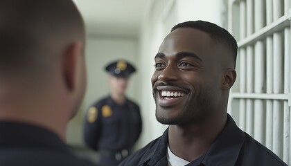 A prisoner’s face lighting up with joy as they see their partner for the first time in months, with a guard standing nearby, contrasting emotions of love and confinement