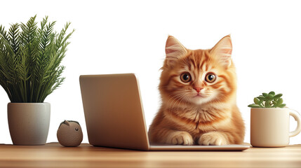 A cute cat wearing glasses, sitting at a desk with a laptop and a coffee cup on a plain PNG background