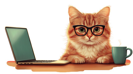 A cute cat wearing glasses, sitting at a desk with a laptop and a coffee cup on a plain PNG background