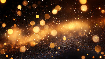 Obraz premium Yellow gold glow particle abstract bokeh background with copy space, showcasing vibrant and sparkling light effects in a dark setting.