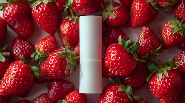 blank lipbalm mock up, white lipstic or chapstick mockup, on top of pile strawberries