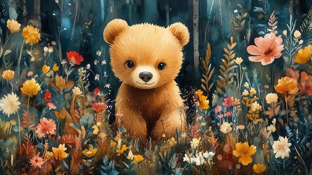 whimsical watercolor bear cub exploring a fantastical forest filled with oversized colorful flora and playful woodland creatures