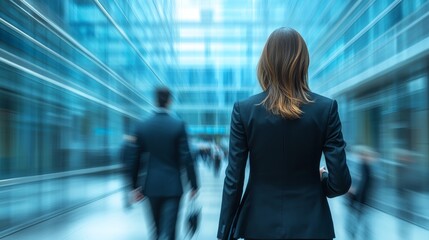 Businesswoman in fast pacing corporate environment. Symbolic of fast change in business.