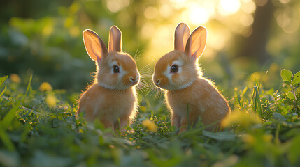 baby rabbits are playing in the meadow