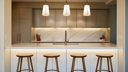 A modern kitchen featuring three stylish stools arranged around a sleek marble counter, inviting and functional