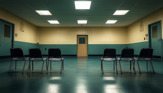 An empty prison visitation room with chairs facing one another, capturing the loneliness, anticipation and emotional atmosphere